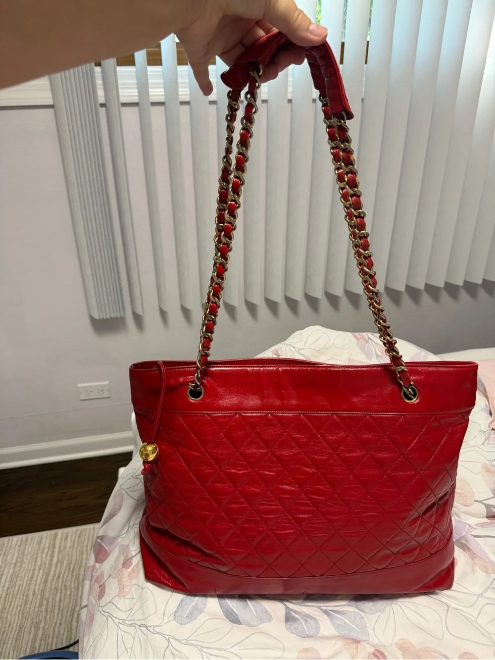 CHANEL Red Quilted Leather Chain-Handle Tote